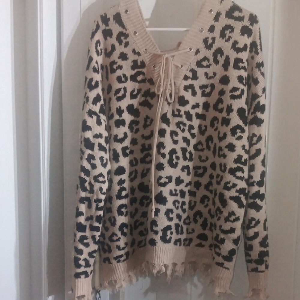 Rue + Leopard Print Lace-Up Sweater